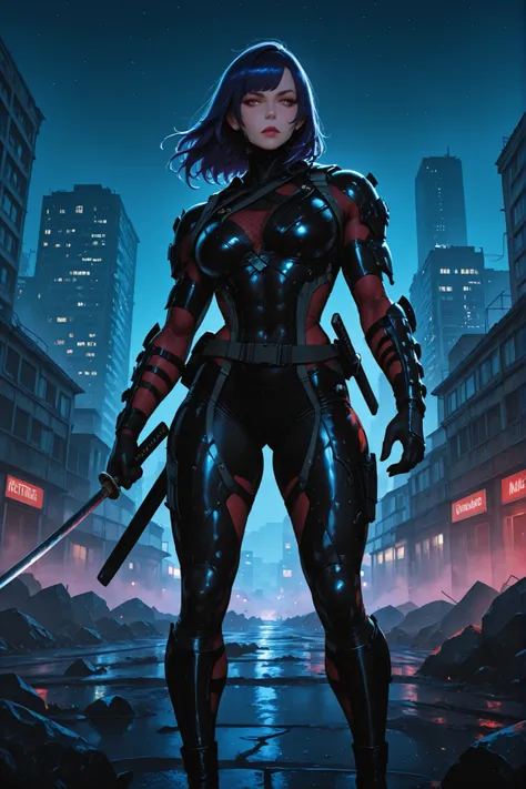 raiden mgrr, ninja character from the game Metal Gear, standing ninja warrior, segurando katana,  take a serious look, definite expression, Uniform black and red, corpo Atlético, pose de combate, night sky, ruined city in the background, luzes da cidade, c...