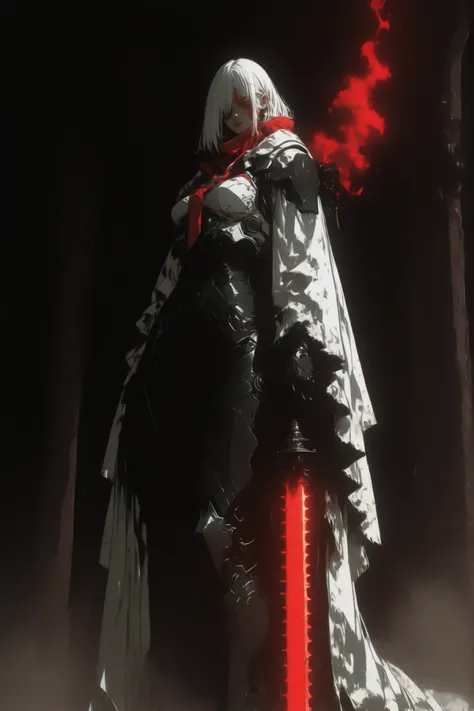 full body of female underworld dark fantasy crypt sentinel guard elite warrior smiling face dark guard, guarding dark crypt gate with magic wolf insygnia, HDRI, cinematic framing, high contrast, DLSS, 16K, rich detailed A mid far portrait of a woman with...