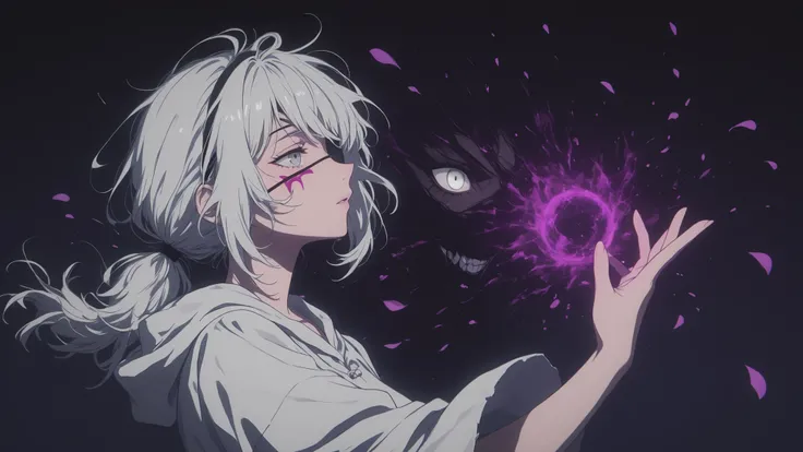 hand,ladyshadow,Masterpiece,best quality,Detailed Eyes,Delicate Beautiful Face,Close-up Portrait of Female Shadow,Upper body perspective,dusk light,side view, have deep eyes ,Single Beam of Light,dark background,low double ponytail hairstyle,Headband decor...