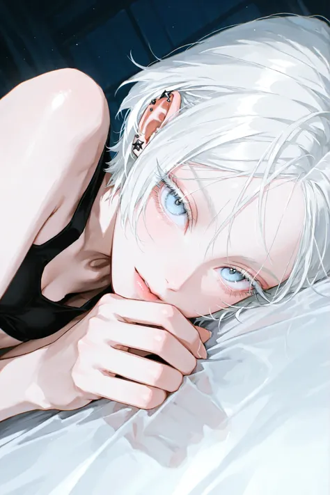 1, one girl, 19 years old , long snow-white hair, Hair is loose, white hair, piercing blue eyes , blue eyes and blond long eyelashes, gentle and sweet , looks into the eye, bottom-up view,Glass retina, black crop top, fragile and petite girl, looks at th...