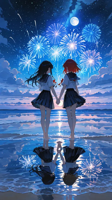 Reflection, Outdoors, moon, Scenery, Blue Sky, water, Cloudy sky, Horizon,s4ltflats,cute,748cmstyle,Highest Quality, masterpiece, Ultra High Definition, 2 Girls, Holding hands, school uniform, Barefoot, seaside at night, Let's raise our hands above our ch...