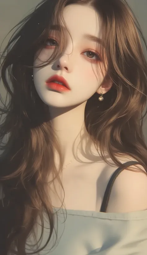 A girl with long wavy and flowing brown hair, dark gray eyes, sharp features, white skin, lip gloss, beautiful, perfect, wearing a shirt with sleeves decorated with decorative straps in an elegant light gray color, accurate art, bright and clear colors, hi...