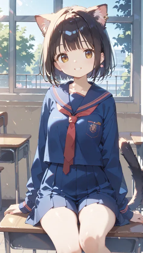 masterpiece、Highest Quality、Highest Quality、anime style、Cat ears、cat tail、shiny hair quality、Super Detailed, beautiful, school classroom、on the desk、sitting、sailor suit、、dark haired、Bob Cut、Aki Hitomi 、thin、Smile,big boobs、Short Height、Transistor Glamour