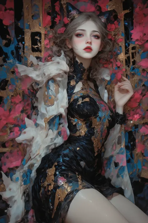 dramatic portrait, fantasy, advanced contemporary artist mode, Gothic_girl, 1girl, innovative abstract floral graphic designs, queen, laying down, mouth open, water theme, ornate dress, bride, pillar of color, perfect hands, nouveau rococo