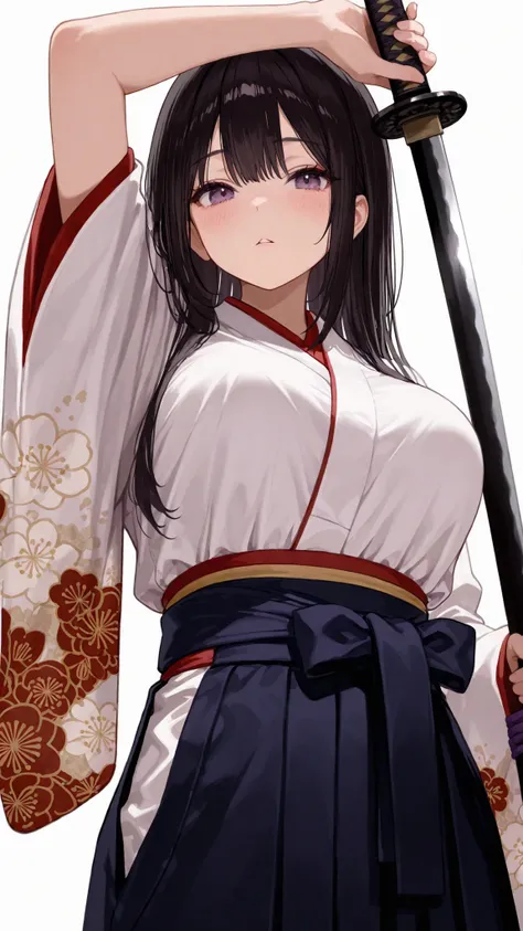 1 person, Sturdy macho, dark haired, Japanese sword、Japanese、school uniform、 Japanese sword、object、hakama、shirt、object pattern、 floral 、Chunky macho with object sleeves