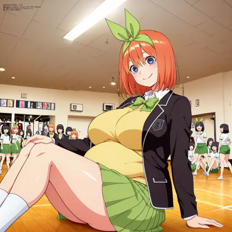 1girl,unwellness depressed y0tsuba, large breasts, orange hair, blue eyes, short hair, hair between eyes green bow hairband, black blazer, open blazer, yellow sweater vest, white collared shirt, bowtie, plaid bowtie, green skirt, pleated skirt, thick thigh...