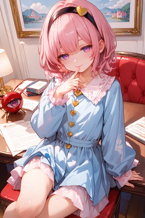 (1 girl),name: (Komeiji Satori/toho project)
Race and Gender: Human, female
Age : 20 years old,
Physical Characteristics: Small stature,Slender body shape,child's build,
Main color: pink
Sub color: light blue
Illustration style: 1 picture style and eleg...