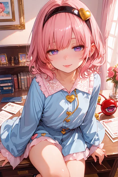 (1 girl),name: (Komeiji Satori/toho project)
Race and Gender: Human, female
Age : 20 years old,
Physical Characteristics: Small stature,Slender body shape,child's build,
Main color: pink
Sub color: light blue
Illustration style: 1 picture style and eleg...