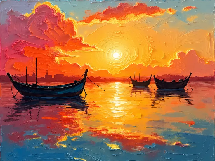 a spatula painting, brushstrokes of, dry brushing revealing several layers, Style of the painter Leonid Afremov,multi-colored outlines of fishing boats in the water, rio cristalino, with an orange yellow and red sunset, silhouettes of the boats reflect in ...