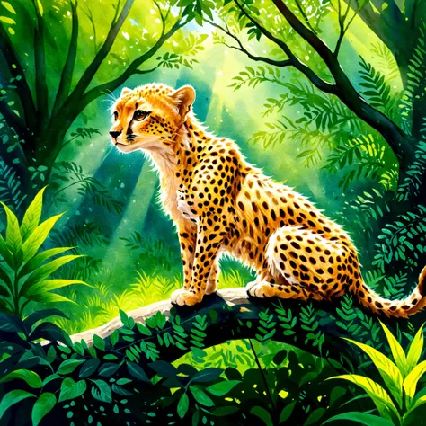 A watercolor painting of a cheetah cub climbing a tree, with sunlight filtering through the leaves and casting shadows on the cub's face, 
Vivid contrast, gentle touch rendering, accurate detail, high detail, shining contours, precision, high-quality oil p...