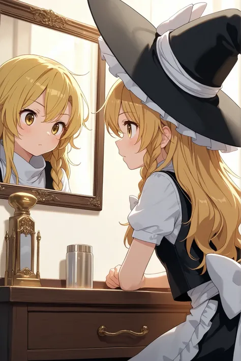 (Quality, 4k, A High Resolution, Masterpiece), Marisa Kirisame, blonde hair, long hair, side braid, golden eyes, watching a mirror with a distortion