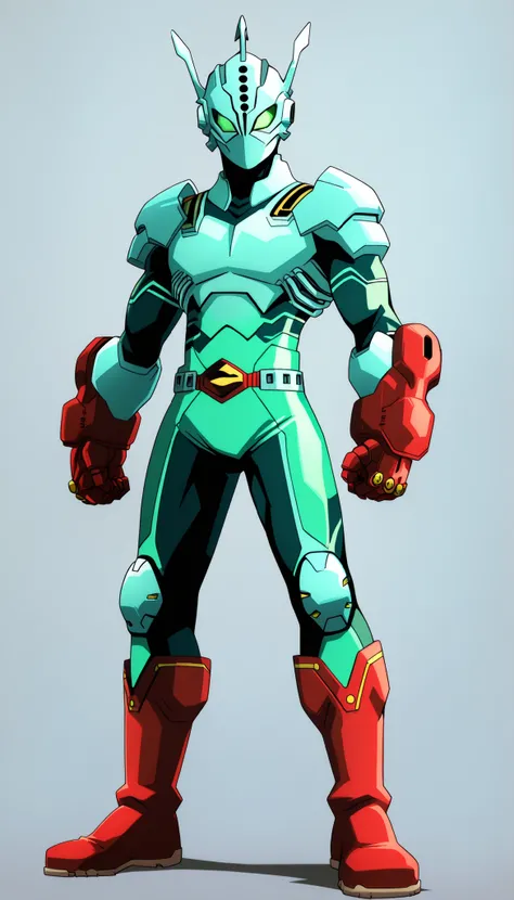 ((Highest Quality)), ((Simple Light Grey Background)), ((My Hero Academia Style)), standing, 1boy, Young male, solo, Slim body, slender body, (Superhero), standing, Superhero bodysuit, (Tactical Surface fighter), (Without Pupils), Full Body, Pale green Bio...