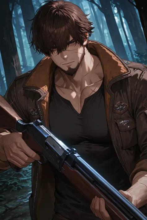 muscular mature man, rugged handsome, thick dark brown messy hair with long bangs falling over forehead, deep brown eyes, scar across face, stern expression, short tough beard, hunting jacket, dark shirts, holding shotgun, smuggler and hunter, deep forest,...