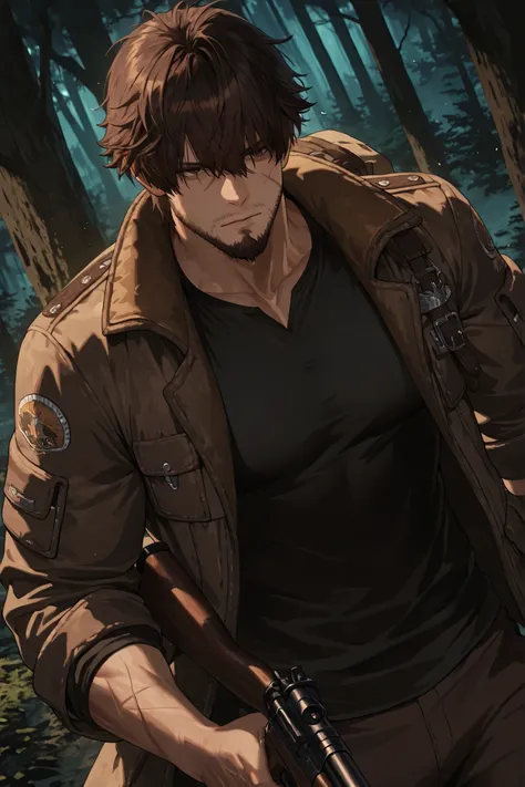 muscular mature man, rugged handsome, thick dark brown messy hair with long bangs falling over forehead, deep brown eyes, scar across face, stern expression, short tough beard, hunting jacket, dark shirts, holding shotgun, smuggler and hunter, deep forest,...