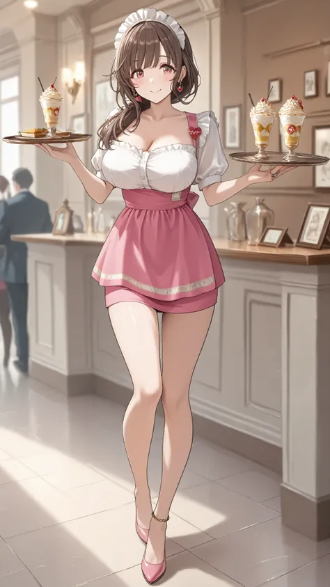 Mature Woman女性, Housewife, she closes her mouth、smiles gently,full body,kind eyes, brown hair, low long hair, pink waitress costume__ very short skirt ,Panties are watching ,Black High Heels,anklet,ring on ring finger of left hand,heart earrings, Disconnec...
