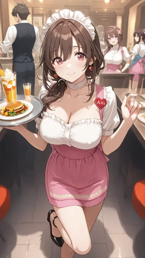 Mature Woman女性, Housewife, she closes her mouth、smiles gently,full body,kind eyes, brown hair, low long hair, pink waitress costume__ very short skirt ,Panties are watching ,Black High Heels,anklet,ring on ring finger of left hand,heart earrings, Disconnec...