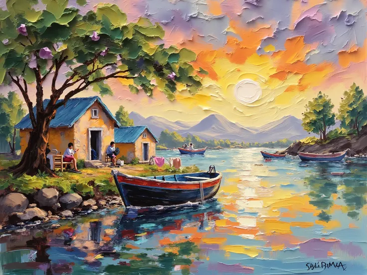 a spatula painting, brushstrokes of, dry brushing revealing several layers,
multi-colored fishing boats that reflect their silhouettes contours in the river water with the contrast of the sun,luminous skies,
rio cristalino, with an orange-yellow sunset,mel...