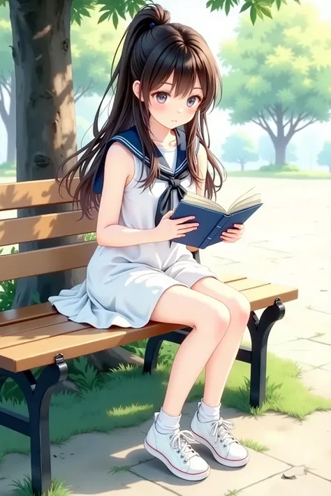 (A beautiful girl wearing a beautiful white sailor mini dress is sitting on a bench in the shade of a tree while reading a paperback book), girl wearing a beautiful white sailor mini dress has brown hair and a high ponytail、白く美しいセーラーミニワンピースを着ている,wearing wh...