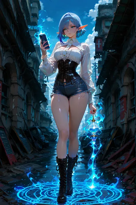 female elf character with short blue hair, very tall, hourglass female body , mischievous look, wearing contemporary fashion clothes, a sensual leather corset, denim shorts and high-top boots, carrying a cell phone in one hand, standing on a magic circle t...