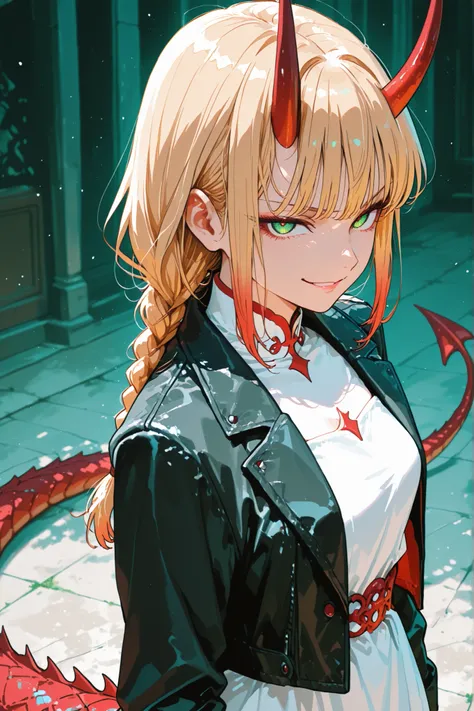 A woman. Blonde hair. Short braided hair. Green eyes. White dress. Black jacket over it. Serious face. Red dragon tail. Two red horns. Evil smile
