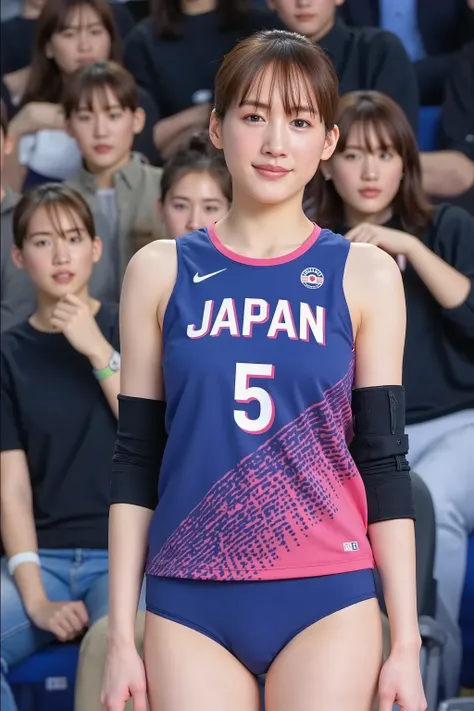 (Masterpiece, Best quality:1.4), (Ultra realistic, Photo-realistic:1.3), nsfw, (((huge breasts))), Showcasing cleavage:1.5, cleavage:1.5,cleavage cutout:1.5, A professional volleyball player wearing a blue and pink jersey with the number "5" on it, labeled...