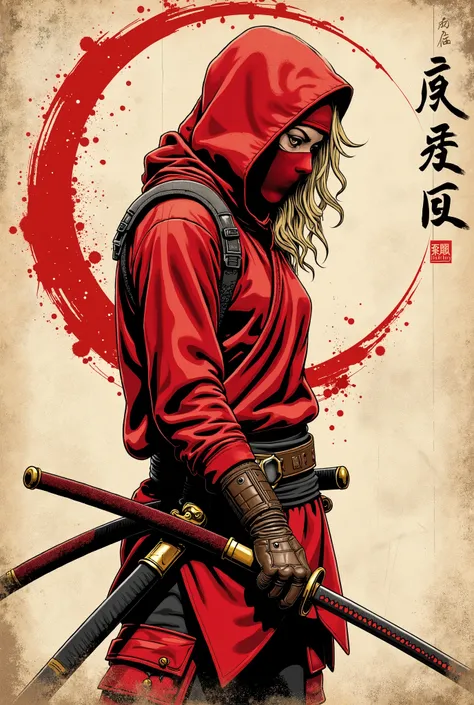 Young western ninja. She looks down seriously. Red ninja mask on her face. vista lateral. The body is effectively curved. seios pequenos. Shoulders are thrown back. The arms are loosely lowered along the body. The head is slightly turned towards the observ...
