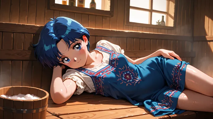 masterpiece, amazing quality, best quality, ultra-detailed, 8K, illustration, clear skin, ultra-detailed-eyes, soft skin, very awa, very as2, soft body, 1990s \(style\), official art, ami mizuno, blue eyes, blue hair, short hair, parted bangs, small breast...