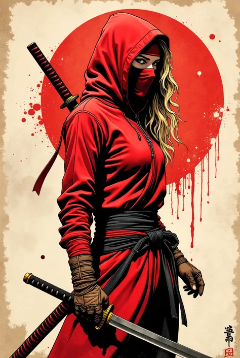 Young western ninja. She looks down seriously. Red ninja mask on her face. vista lateral. The body is effectively curved. seios pequenos. Shoulders are thrown back. The arms are loosely lowered along the body. The head is slightly turned towards the observ...