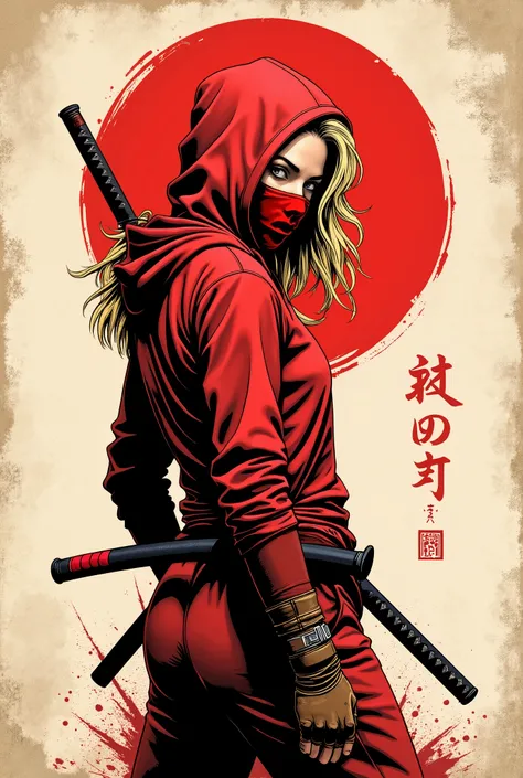 Young western ninja. She looks down seriously. Red ninja mask on her face. vista lateral. The body is effectively curved. seios pequenos. Shoulders are thrown back. The arms are loosely lowered along the body. The head is slightly turned towards the observ...