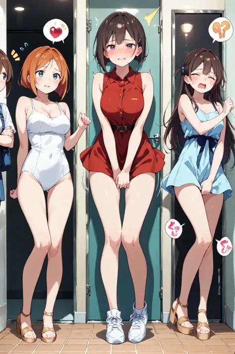 score_9, score_8_up, score_7_up, score_6_up, score_5_up, score_4_up, (extremely detailed and high-quality illustration), (best lighting effects, ultra-realistic), BREAK, several young girls, waiting in a line, long bathroom line, beautiful medium breasts, ...