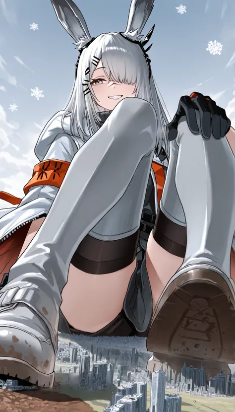 laughing, Smile Yan, detailed eyes, detailed face, smiling, frostnova_\(arknights\), grey eyes, grey hair, scar on nose, hairclip, hair over one eye, ear ornament, black gloves, white coat, black thighhighs, black dress, thigh boots, snowflakes, solo, 1gir...