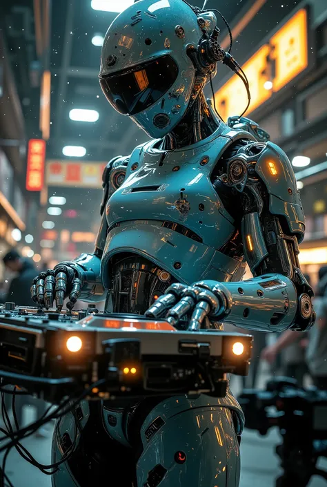 A cyber mecha robot dj,style cyberpunk cinematic style with slow-motion effects cinematic