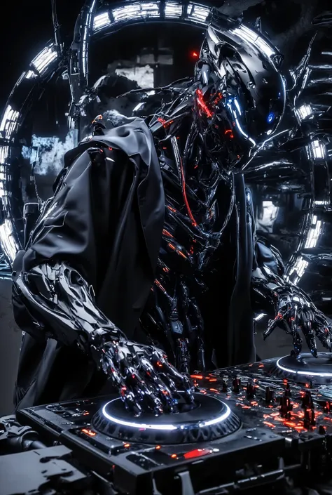 A cyber mecha robot dj,style cyberpunk cinematic style with slow-motion effects cinematic