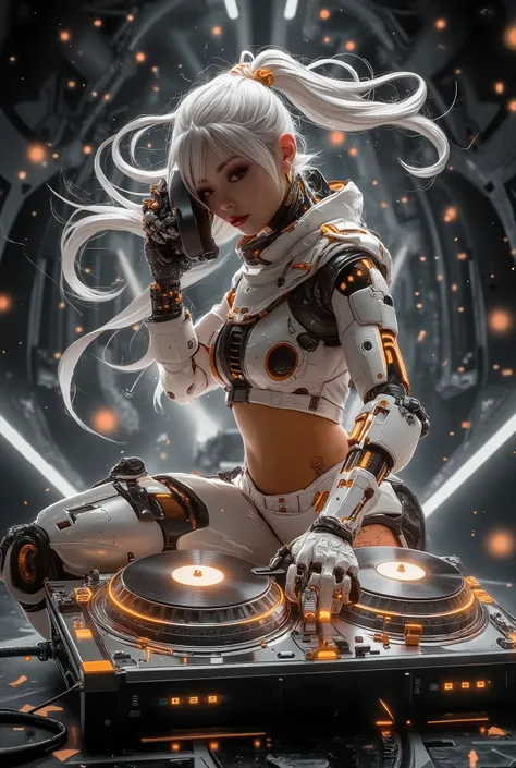A cyber mecha robot dj,style cyberpunk cinematic style with slow-motion effects cinematic 