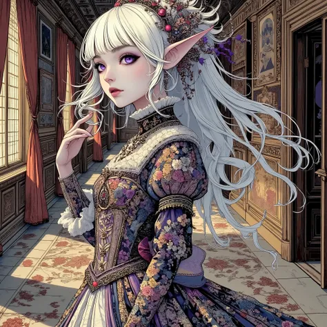 (A fusion of Ukiyo-e and dark fantasy. Aesthetic and gothic digital art. Draw a detailed face. Look away.) BREAK
(Transparent white hair. Blunt bangs. White eyebrows. Long white eyelashes. Almond-shaped eyes. Lavender-colored eyes. Thick, dark eyeliner. S...
