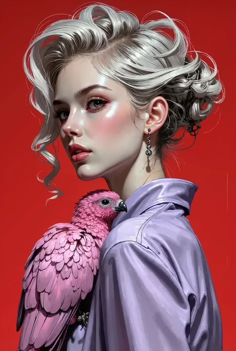 fluxlisimo_drawio, A companion-style realistic, painterly digital painting featuring visible short, precise brushstrokes that emphasize texture and form. It depicts a fair-skinned young woman with an avant-garde, highly fashionable hairstyle, her hair scul...