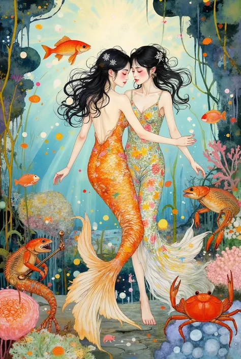 An underwater party is an exuberant celebration in the depths of the ocean. Two serenely beautiful Asian mermaids with magnificent koi carp tails dance among the shining coral reefs, their scales shimmer with mother-of-pearl shades of orange, gold and whit...