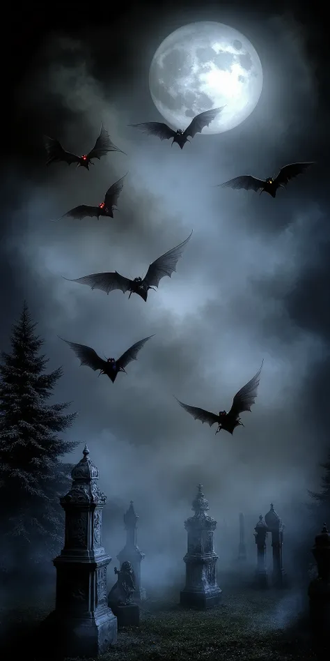 Gothic atmosphere, a group of black bats with glowing red eyes flying in a moonlit graveyard, their wings spread wide against the dark cloudy sky, eerie mist swirling around ancient tombstones, dramatic low-angle shot