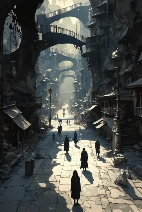 The shadows cast by the shadow figures stretch dramatically across the sidewalk {x} small shadows walking through a dark, distorted spiral staircase space with deep shadows and a monochromatic palette reminiscent of a gloomy labyrinth,reminiscent of metall...