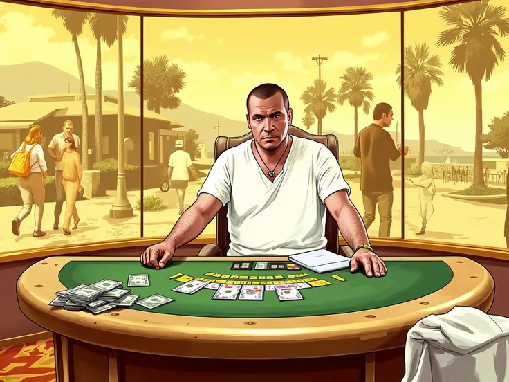 (GTA drawing style), wallpaper inside a control room in a casino, with a large window showing the casino with people and games, place where the boss is, table with money, VIP room, white and yellow tone
