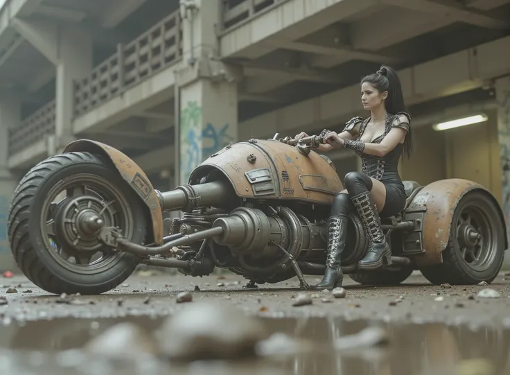The image shows a desolate scenario with a woman, } leaning forward and taking the handlebars to adapt to speed on a uniquely designed motorcycle that embodies a steampunk or post-apocalyptic aesthetic. The motorcycle is sturdy, It has only 2 all-terrain w...