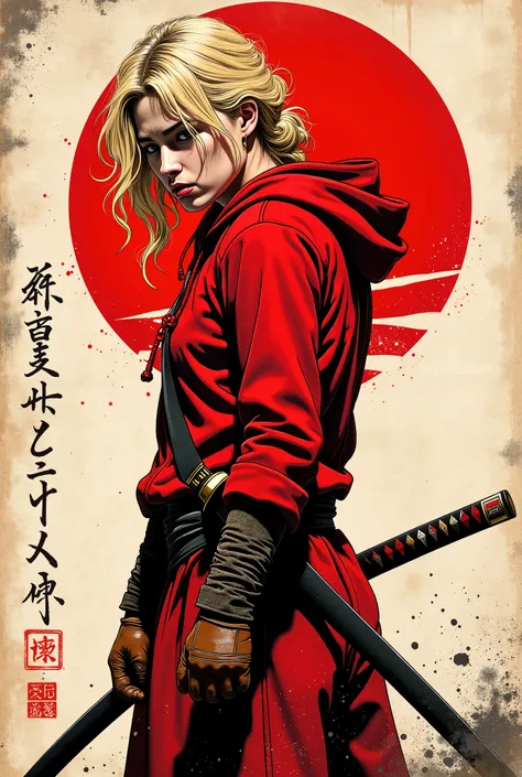 Young western ninja. She looks down seriously. Batom vermelho . vista lateral. The body is effectively curved. seios pequenos. Shoulders are thrown back. The arms are loosely lowered along the body. The head is slightly turned towards the observer. A piece...