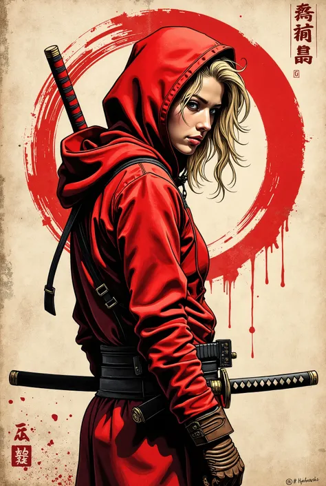 Young western ninja. She looks down seriously. Batom vermelho . vista lateral. The body is effectively curved. seios pequenos. Shoulders are thrown back. The arms are loosely lowered along the body. The head is slightly turned towards the observer. A piece...