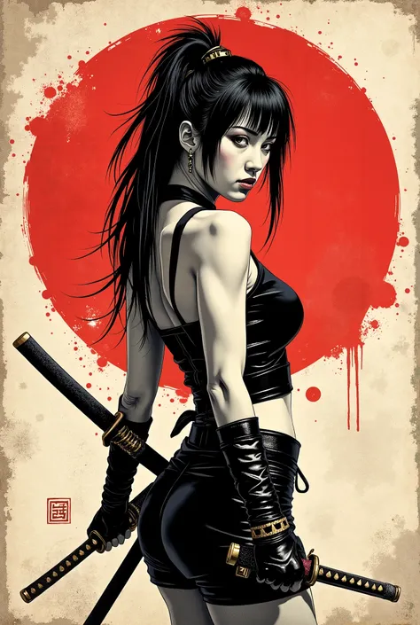 Young Asian ninja woman. She looks down seriously. vista lateral. The body is effectively curved. seios enormes. corpo voluptuoso, forte. Shoulders are thrown back. The arms are loosely lowered along the body. The head is slightly turned towards the observ...