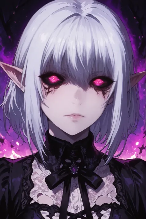  ghoul eyes, purple eyes, glowing, colored sclera, black sclera, glowing eyes,Gothic,elf,goth,Girl, beautiful, light blue white hair, purple eyes, purple aura that shows evil, serious, beautiful