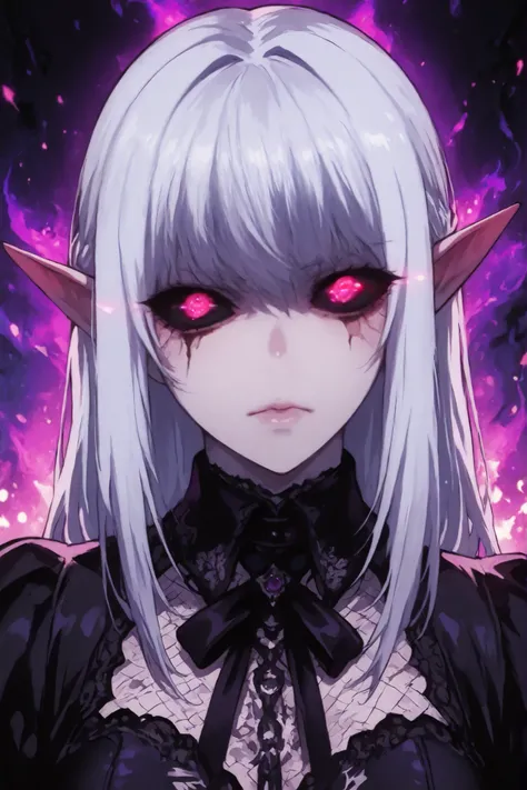  ghoul eyes, purple eyes, glowing, colored sclera, black sclera, glowing eyes,Gothic,elf,goth,Girl, beautiful, light blue white hair, purple eyes, purple aura that shows evil, serious, beautiful