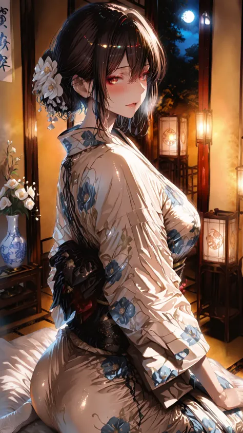 traditional Japanese-style night scene、curvy,yukata,tatami room illuminated by soft lanterns、silhouette of a mature woman in a glossy yukata reflected on a half-open shoji、Taisho romance style atmosphere、pure white futon laid、Loosely broken black hair、A gl...