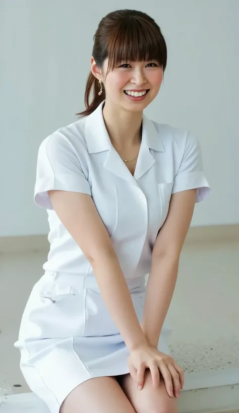 live-action、shot with a Canon EOS R5, 50mm lens, f/2.8 apertur、Highest Quality、super high resolution、8K、Hospital、Full Body Shot、front view、Full body photo、Crouching、Emphasize the cleavage,(poses that accentuate cleavage:1.5)、smiles、dark brown hair、short po...