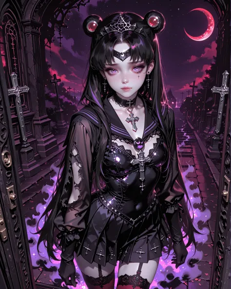 (( high angle)) gothic sailor moon girl, pale skin, slim body, small breasts, bare neckline, shy and sensual pose, dark sailor uniform with gothic details (black and deep red tones, lace and silver accents), pleated skirt with torn edges, thigh-high stocki...
