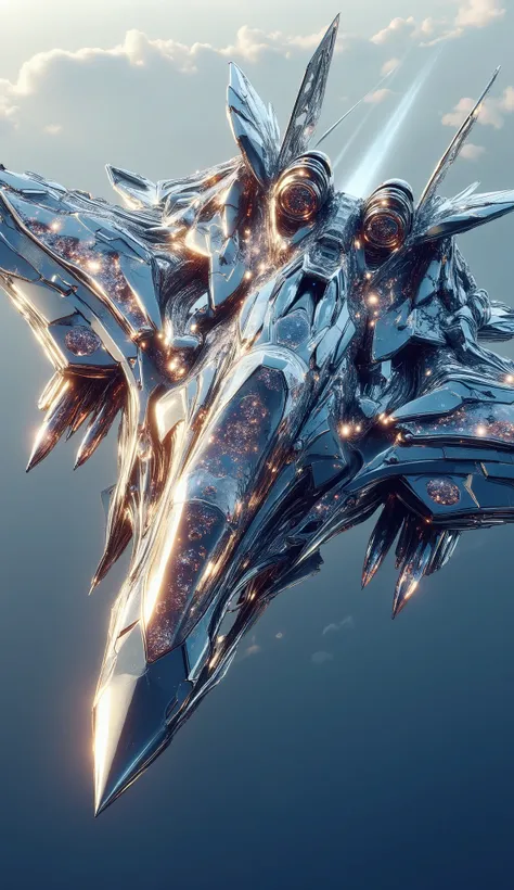 A striking image of a magnificent dragon-fighter jet hybrid, captured in a dynamic, aerial view. The dragon's face is distinctly dragon-like, featuring intricate, reptilian scales and a fearsome expression. Its large, muscular wings are a hybrid of dragon ...